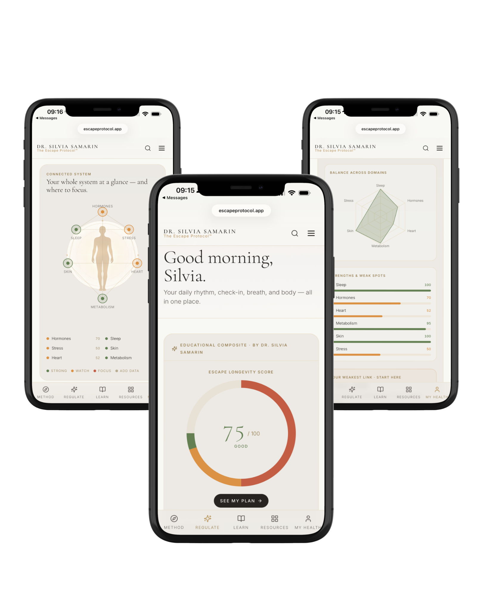 The Escape Protocol app — Escape Longevity Score, labs, hormones and daily rhythm in one place
